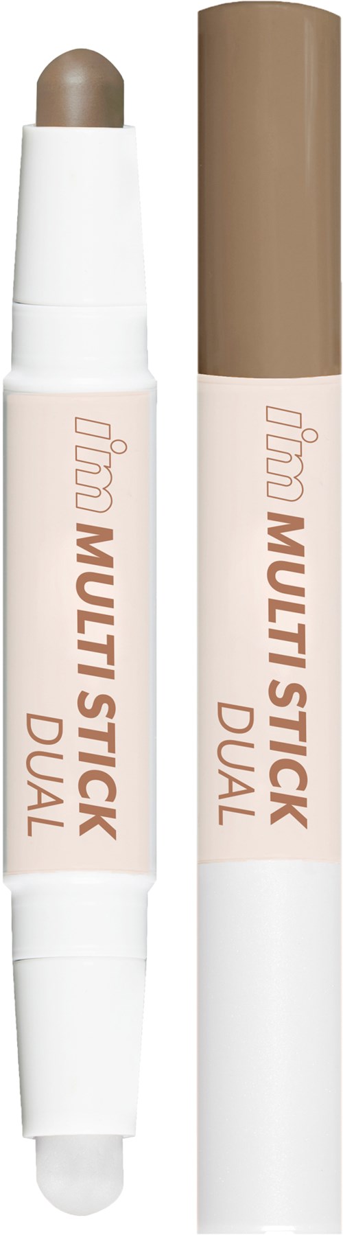 Twee multi-sticks, één met beige tint, andere met bijpassende deksel, gelabeld "Multi Stick Dual".