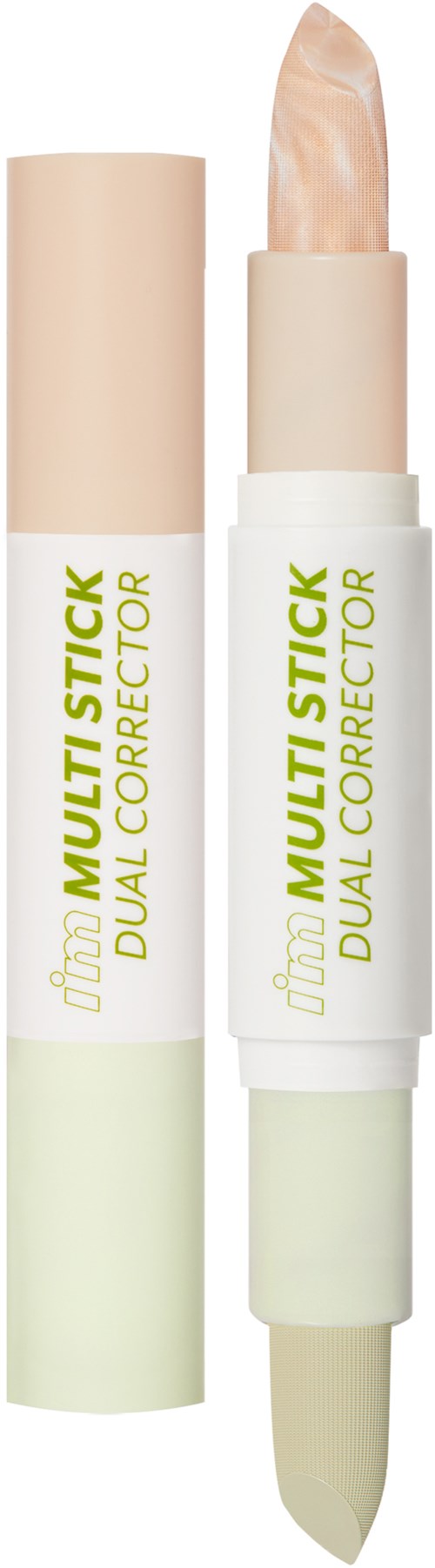 A dual-sided beige and white multi stick with a twist-up and a built-in sharpener.