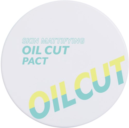 Een ronde productlabel die een huid gladmakende olie-afsluitpleister promoot met felle pastelkleuren en grote tekst.
