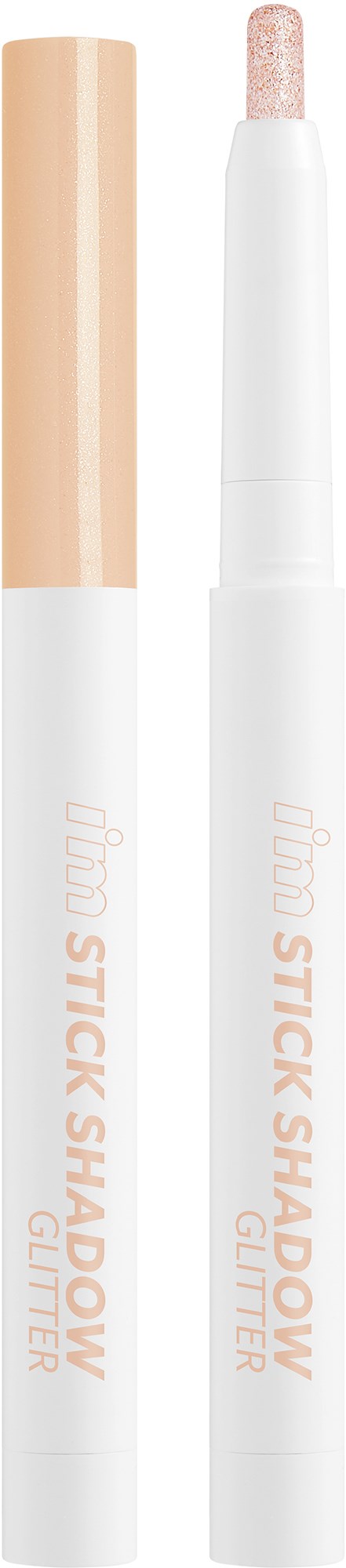 A white stick with a peach-colored cap and a pink, glittery tip, labeled "Stick Shadow Glitter."