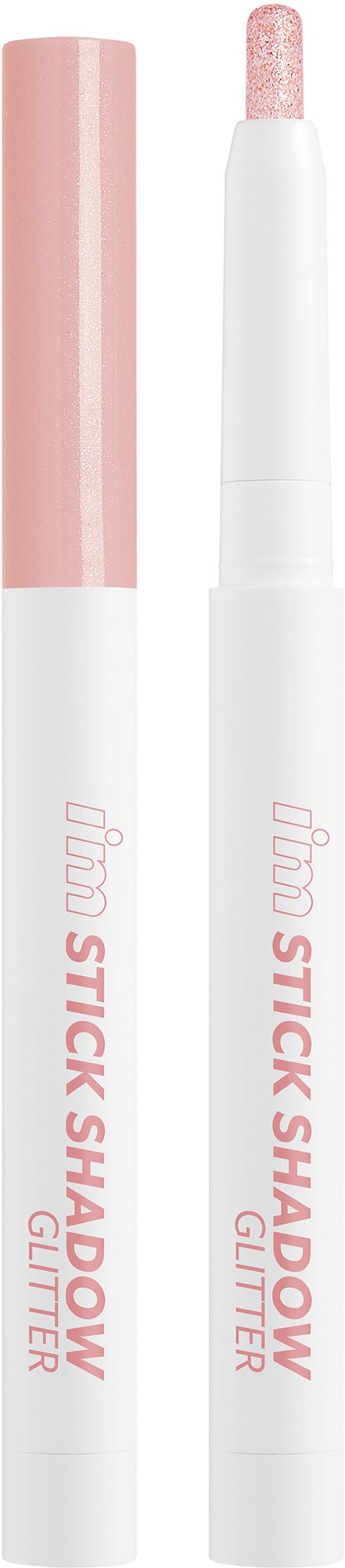 A pink and white stick glider with a glittery tip, labeled "Lip Stick Shadow Glitter".