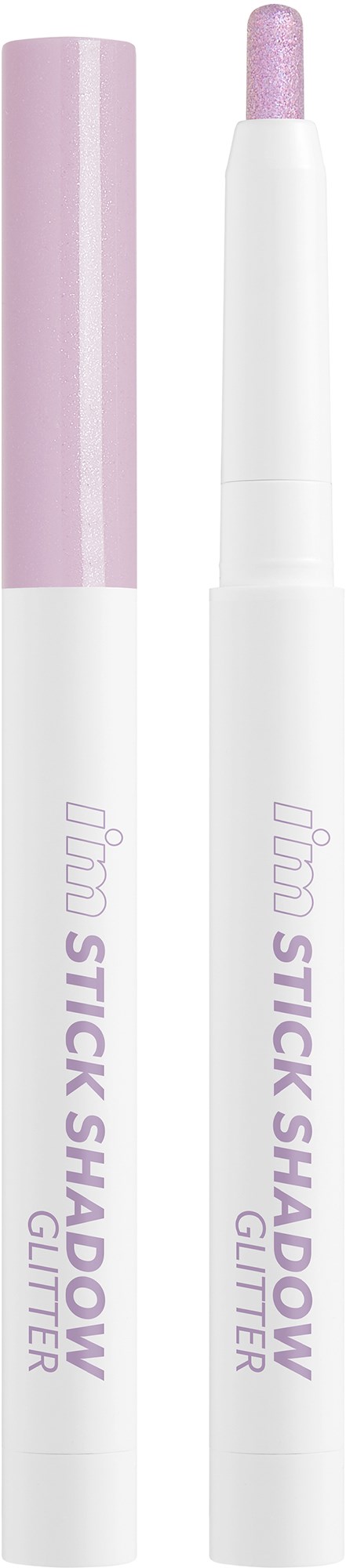 Een witte pen met een paarse dop en punt, gelabeld 'glitter stick shadow' in paarse tekst.
