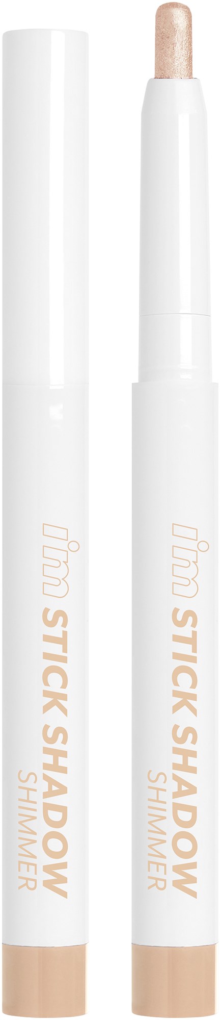 A white cylindrical makeup stick with a beige tip, labeled "Stick Shadow" and "Shimmer".
