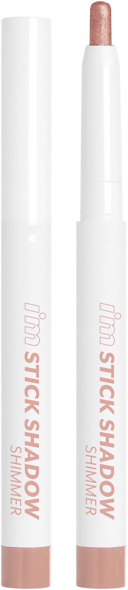 Een witte make-uppen met een roze glanzende punt, met de tekst 'stick shadow' en 'shimmer' in roze letters.