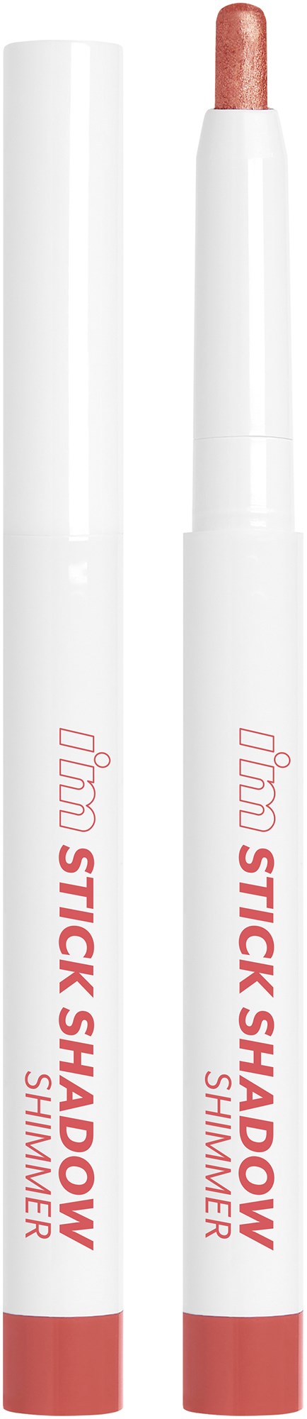 A white makeup pen with pink text and a pink cap, appears to be an eyeshadow stick or shimmer.