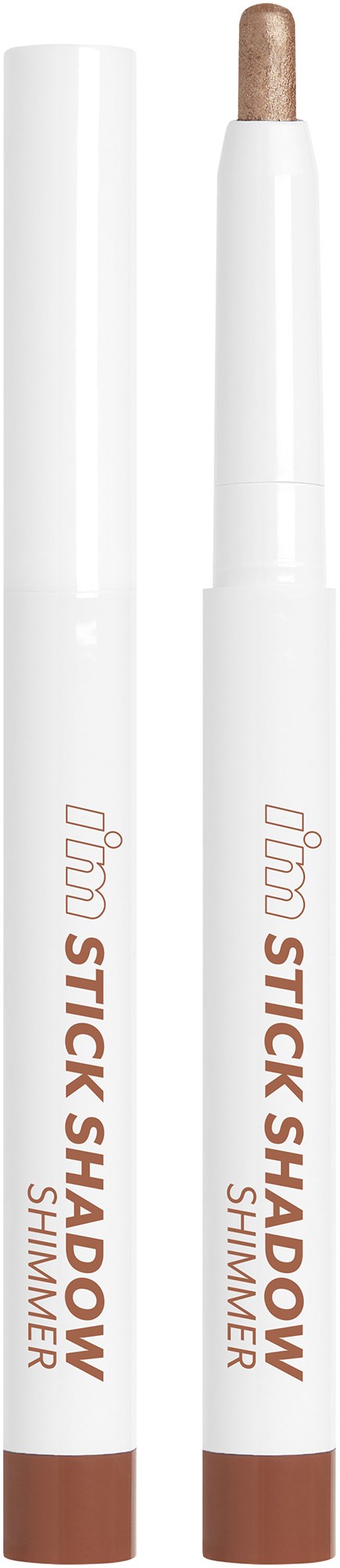 Een witte stick met een bruine punt, gelabeld 'Balm Stick Shadow Shimmer'.