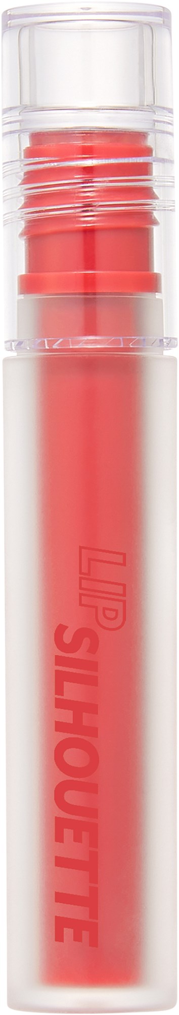 Een doorzichtige tube met roze lippenstift erin en een doorzichtige dop. Tekst op de tube leest "LIP SILHOUETTE".