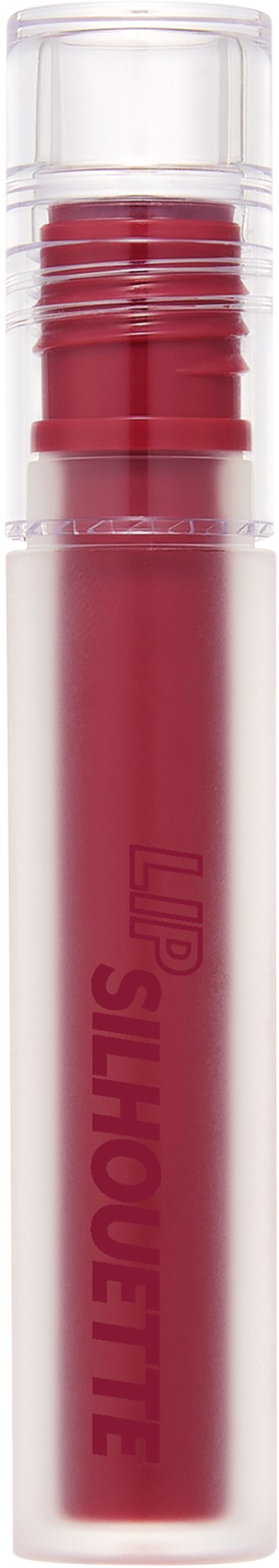 Ein Lipgloss-Rolle mit der Aufschrift 'LIP SILHOUETTE' steht aufrecht, mit rotem Gloss und klarem Deckel.