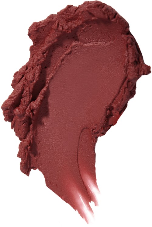 Red lipstick smudged with some powder or blush around it.