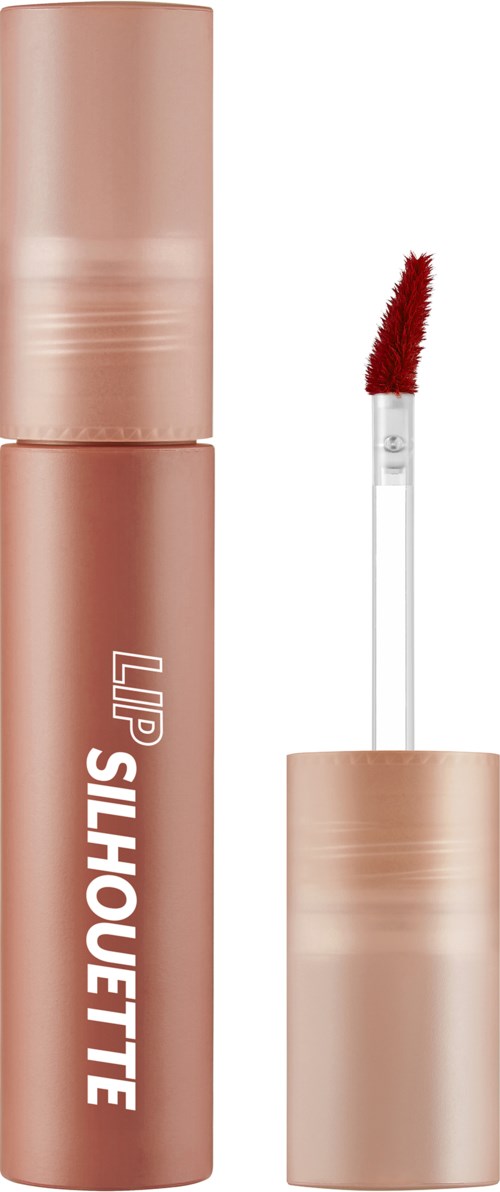 Lippenstift mit einem Lippenpinsel und rotem Glanz. Die Hülse ist rosa mit weißen Text.