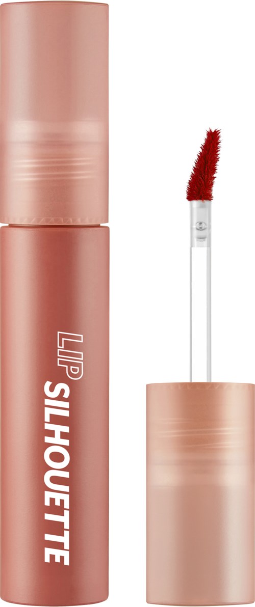 Ein peachfarbener Lippenstiftbehälter mit geöffnetem Rohr und rotem Lipgloss-Applikator.