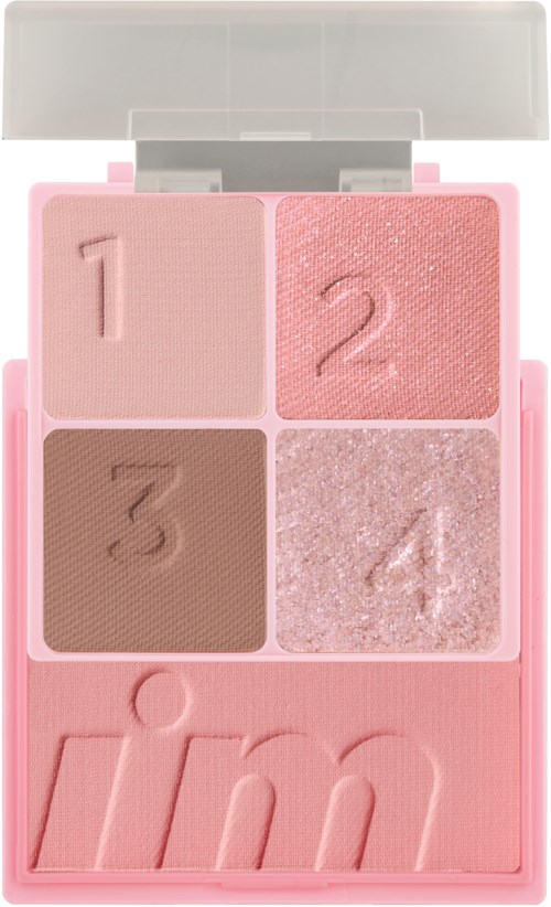 Een roze make-up palette met vier tinten, genummerd 1 tot 4, en een groot logo onderaan.