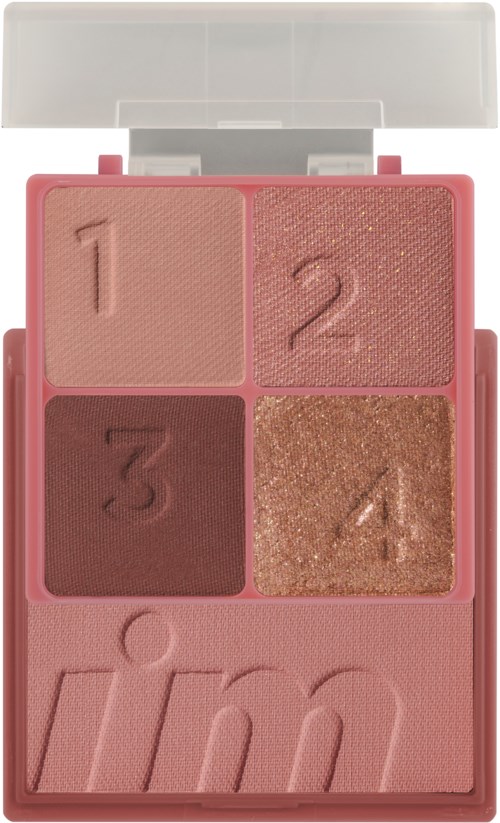 Eine rosa Make-up-Palette mit vier Lidschatten und dem gravierten 't by am'-Logo am unteren Rand.