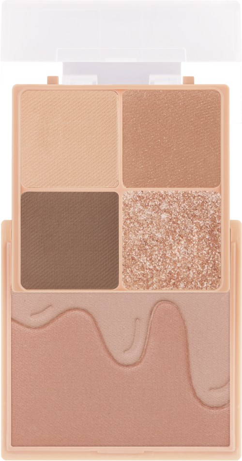 Ein Kompakt-Lidschattenpalette mit vier Farben und einem Spiegel, inklusive neutrale und schimmernde Töne.
