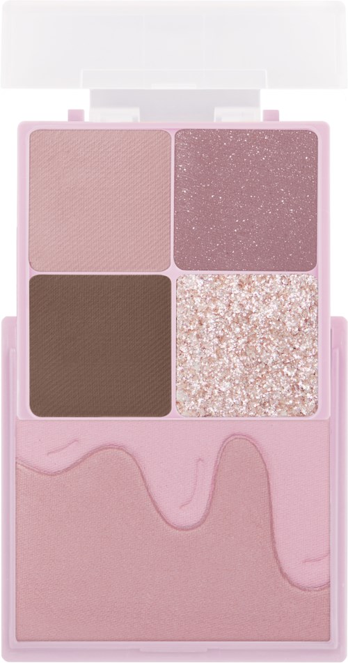 Een roze make-up palette met vier verschillende tinten en een vloeibare blush onderaan.
