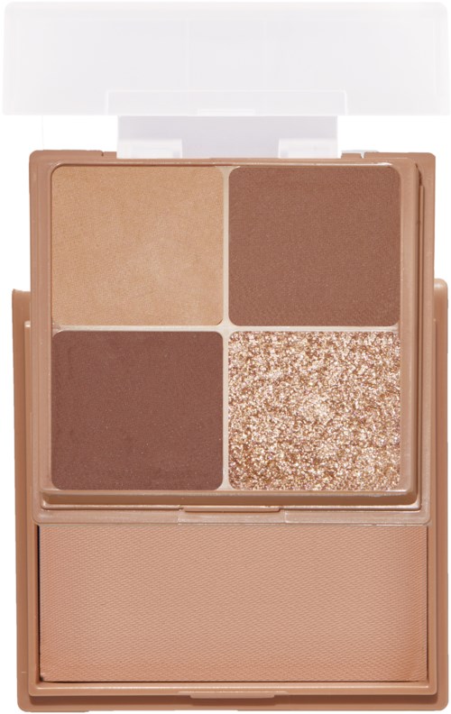 Ein Make-up-Palette mit vier Braunnuancen und einer glitzernden Farbe in einem kompakten Gehäuse.