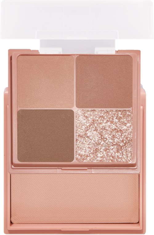 Ein kleines Make-up-Palette mit vier Farbtönen, darunter Rouge, Bronzer und ein Glitzer-Highlighter.