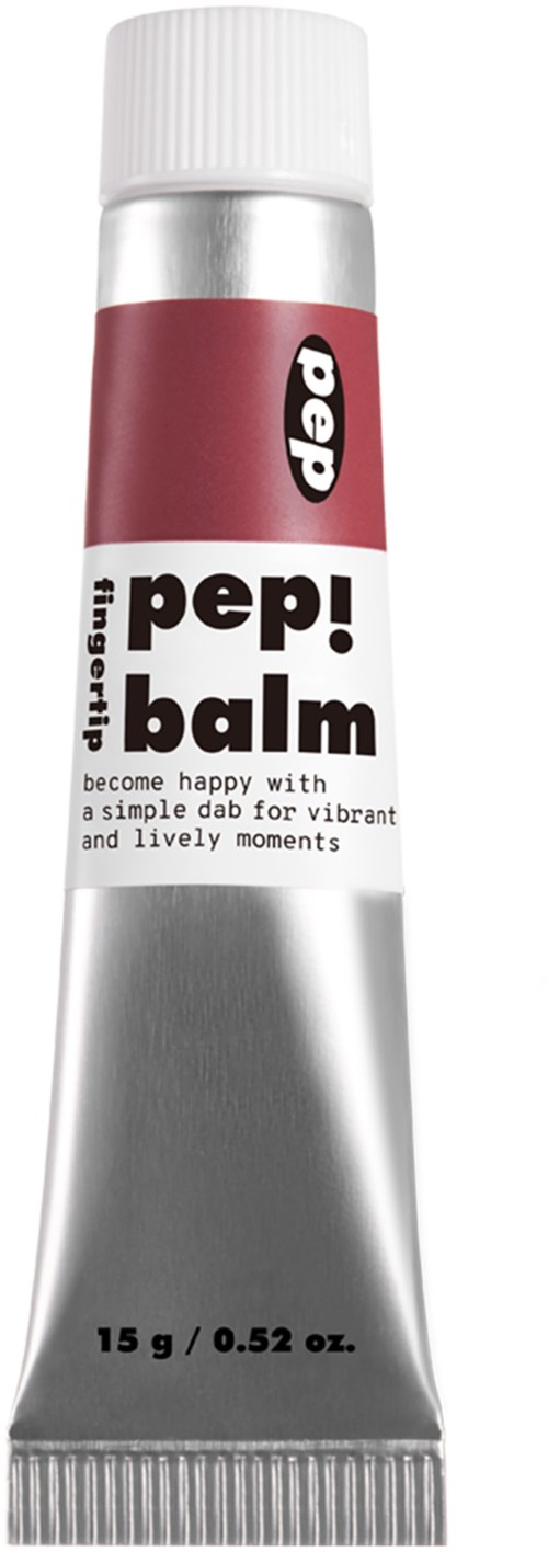 Kleine Tube mit Balsam, weißen Deckel, rotem und silbernem Körper, mit der Aufschrift "pep! balm".