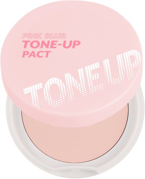Een ronde roze container met de woorden Pink Blur, Tone-Up Pact en grote neonachtige tekst Tone Up.