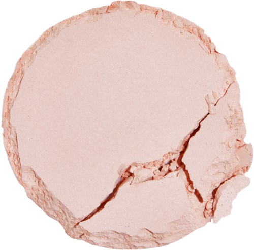 Een gebroken roze ronde poeder, zoals make-up of krijt, met scheuren en ontbrekend stuk.