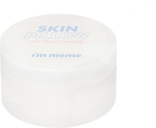 Een witte container met de tekst "Skin Pillow Setting Powder" en "I'm Meme" op de bovenkant.