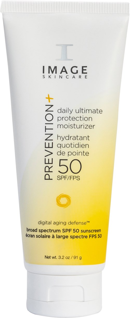En vit och gul tub solskydds-kräm med SPF 50 och digital åldringsskydd.