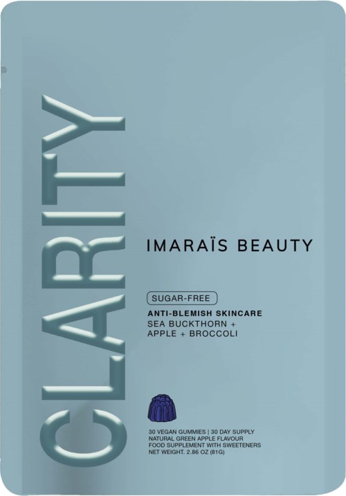 Blue skincare packaging with large 'CLARITY' text, and smaller words for product details and ingredients.