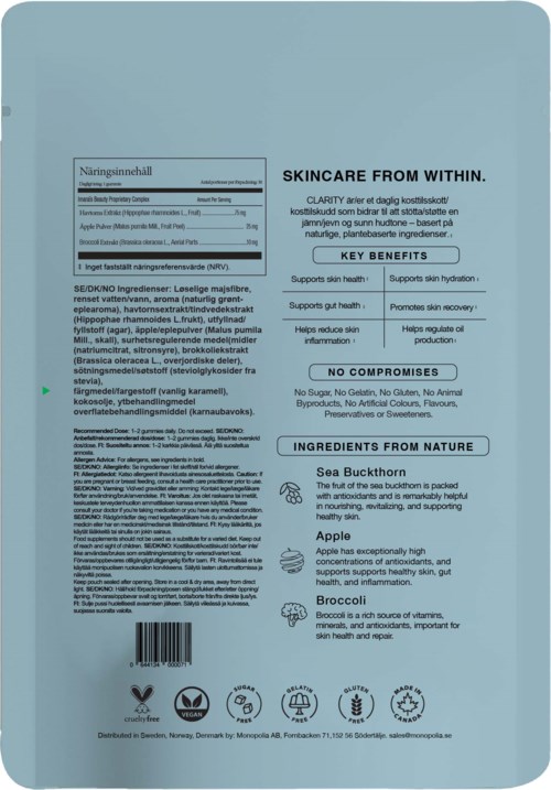 A skincare product packet with instructions, benefits, ingredients, and images of sea buckthorn, apple, and broccoli.
