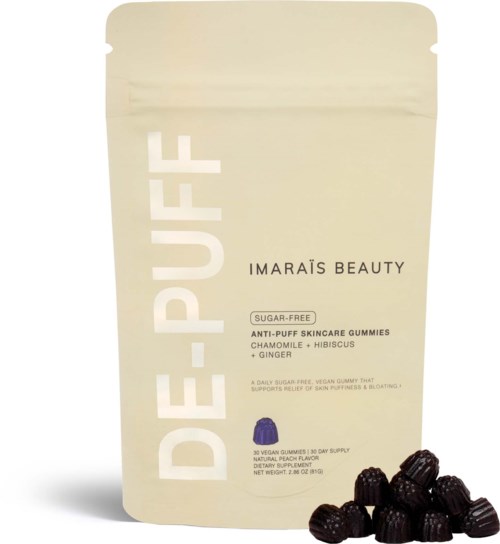 A white stand-up pouch with 'DE-PUFF' and 'IMARA'S BEAUTY' written, containing sugar-free skincare gummies with berries.