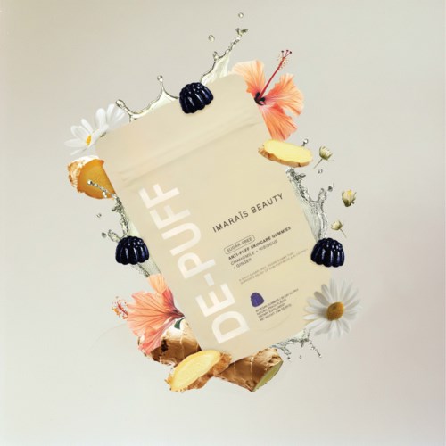 A beauty product flyer surrounded by flowers, ice cream, and splashes of water. The flyer has the words "DE-PUFF" and "IMARAIS BEAUTY."