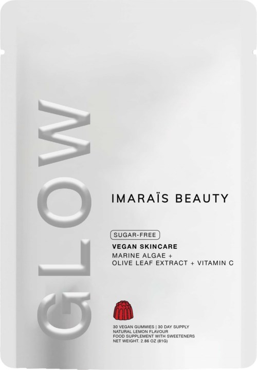 Clean, white vegan skincare package with red gummies illustration and product details in black text.