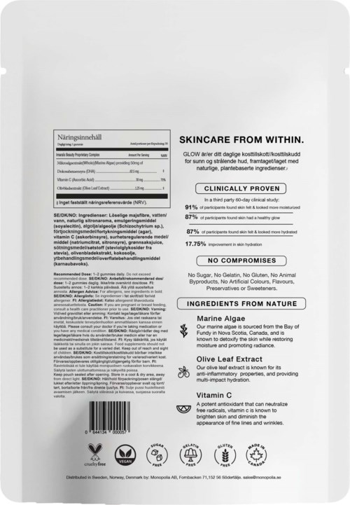 A skincare product label with ingredients: marine algae, olive leaf extract, vitamin C, and various certifications.