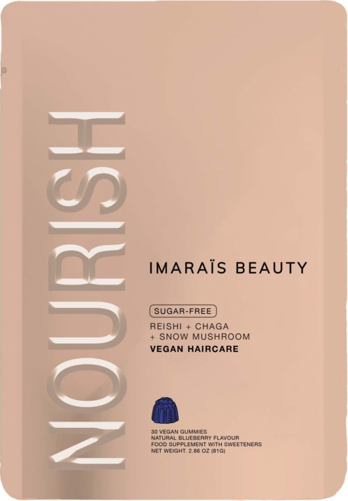 Packaging design for a vegan haircare product with natural ingredients and sugar-free gummies.