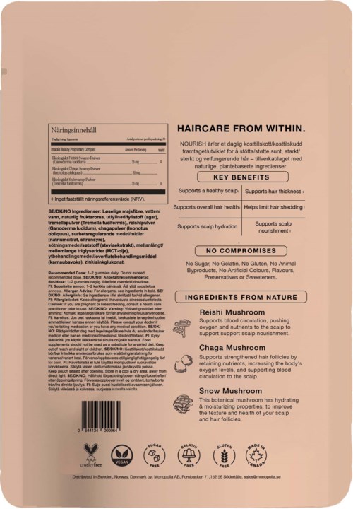 A pink hair care product package with text about its benefits, ingredients, and features for hair health.
