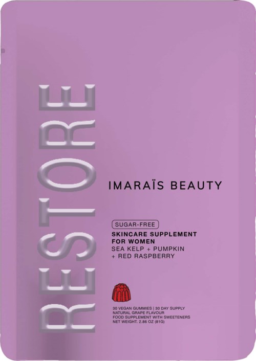 Purple package with 'RESTORE' in large letters, mentions skincare supplement with sea kelp, pumpkin, raspberry, and is vegan.