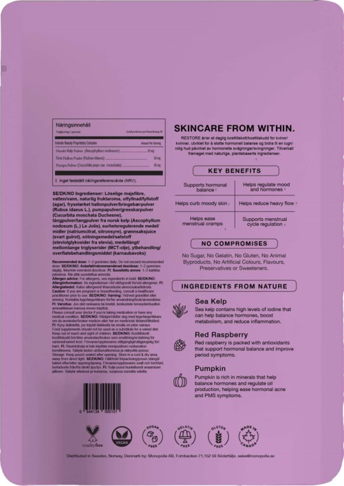 Pink packaging for skincare product with text about benefits and ingredients, including sea kelp, red raspberry, and pumpkin.