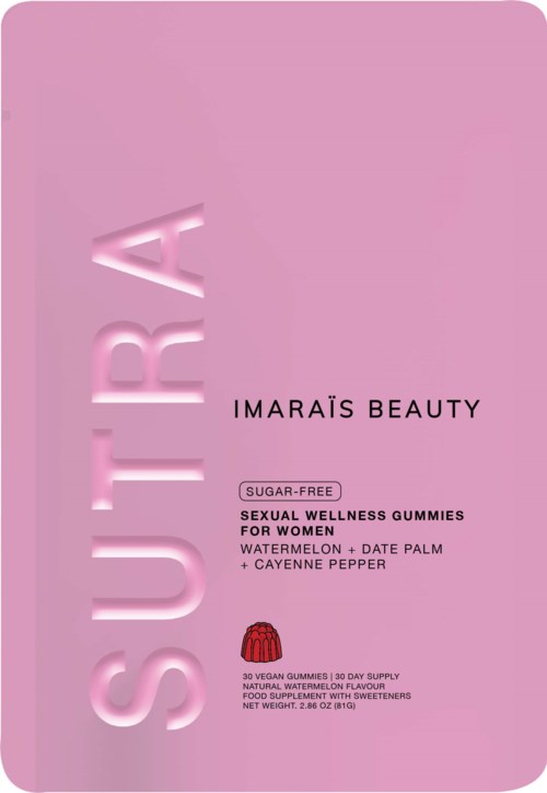 Pink package with large letters spelling 'SUTRA'. It offers sugar-free wellness gummies with watermelon flavor for women.