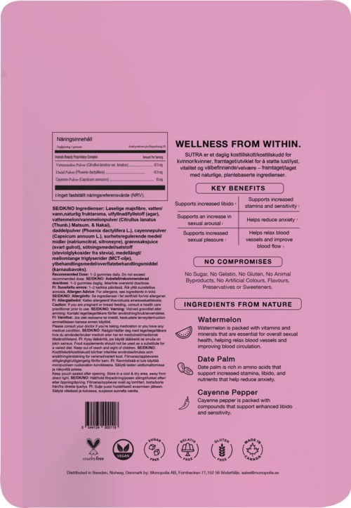 Pink package with a label listing ingredients and benefits, featuring watermelon, date palm, and cayenne pepper.