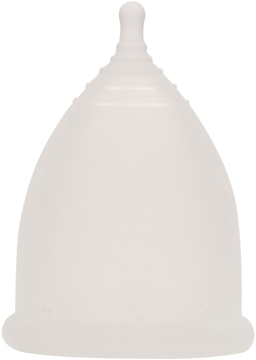 En vit silikon menskopp med en stag, formad som en bjälla, för kvinnlig hygien.