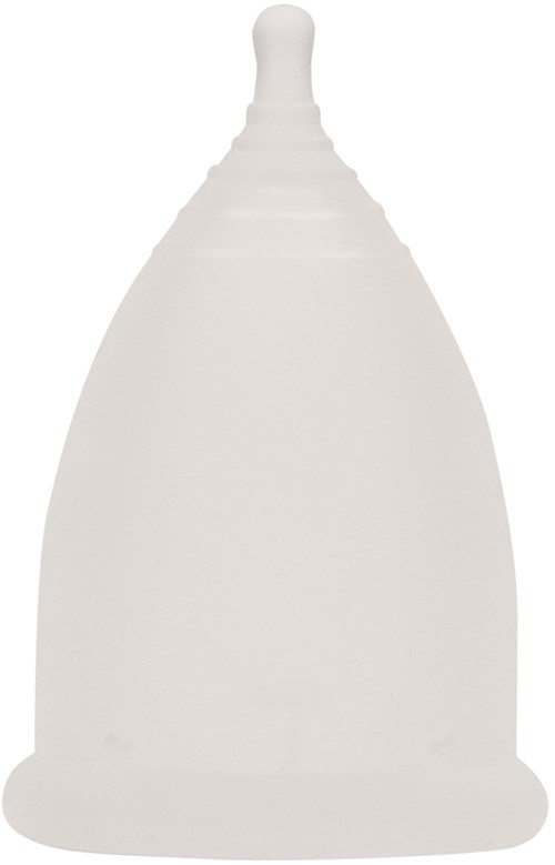 En vit silikonkopp för mens med en liten handtag upptill och en bred bas.