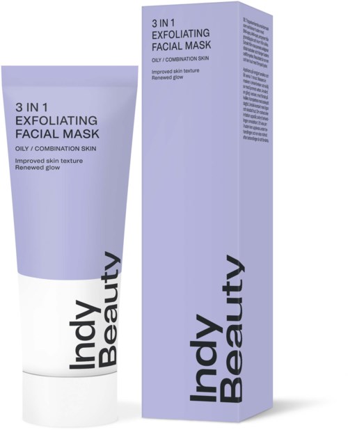A tube and box of exfoliating facial mask labeled 'Indy Beauty' with claims of improved skin texture and glow.