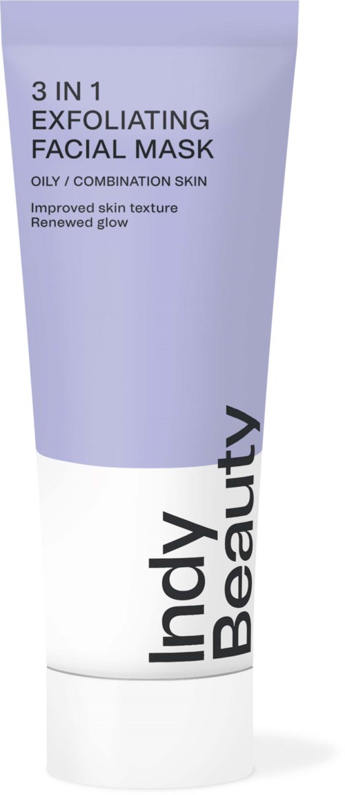 A tube labeled 'Indy Beauty' offers a 3-in-1 exfoliating facial mask for oily and combination skin.