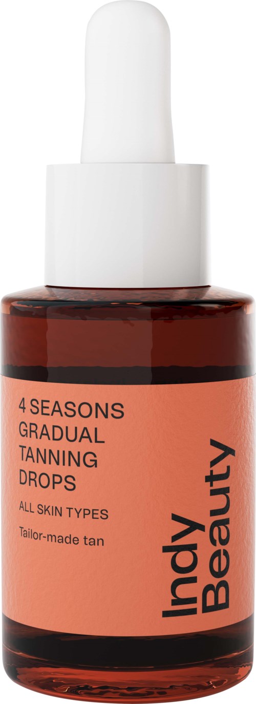A small brown bottle with an orange label and white dropper cap, labeled 'Incy Beauty' and 'Gradual Tanning Drops.'