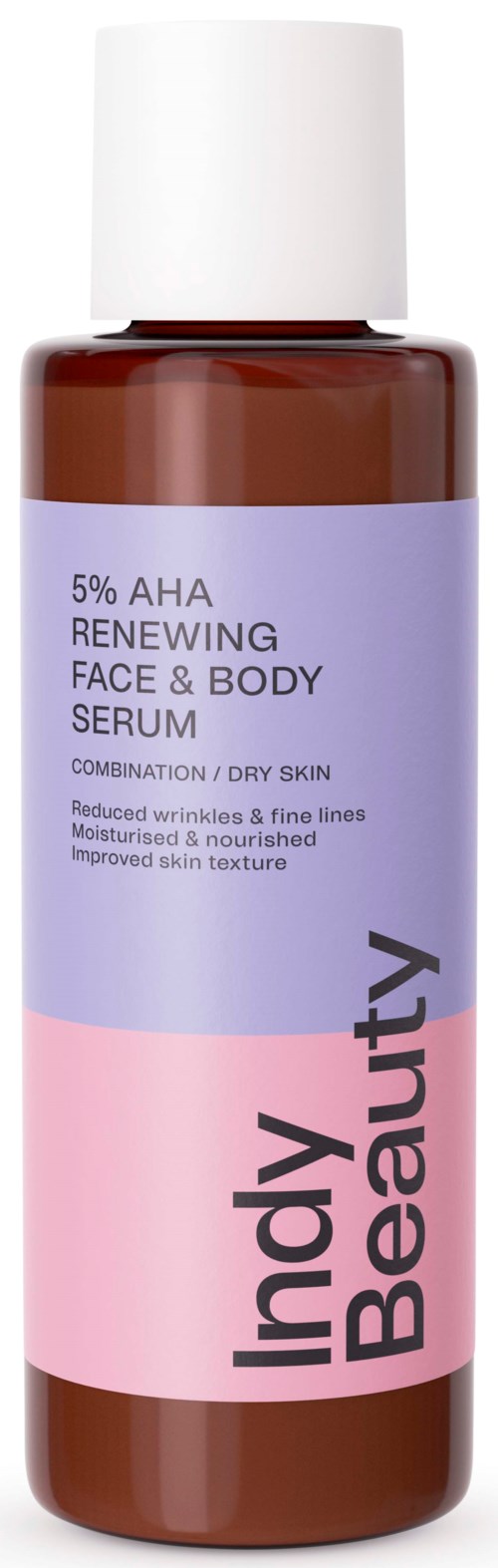 Brown bottle with a purple and pink label that reads Indy's Beauty 5% AHA Renewing Face & Body Serum.