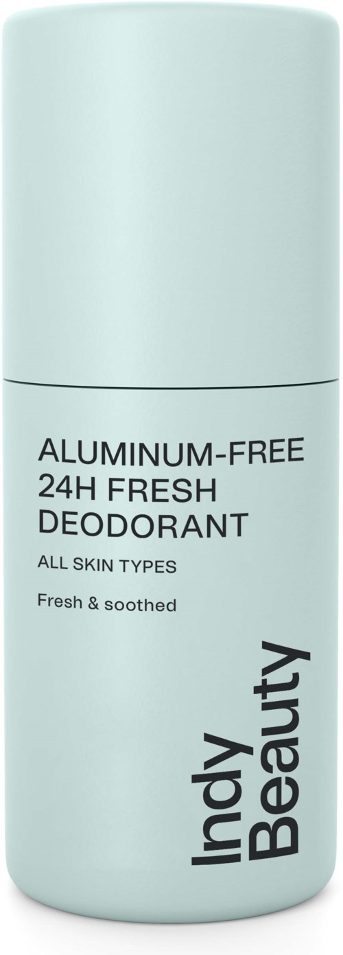 Vaaleansininen deodoranttipullo, jossa lukee 'Indy Beauty', tarjoaa alumiinittoman ja 24 tunnin raikkauden.