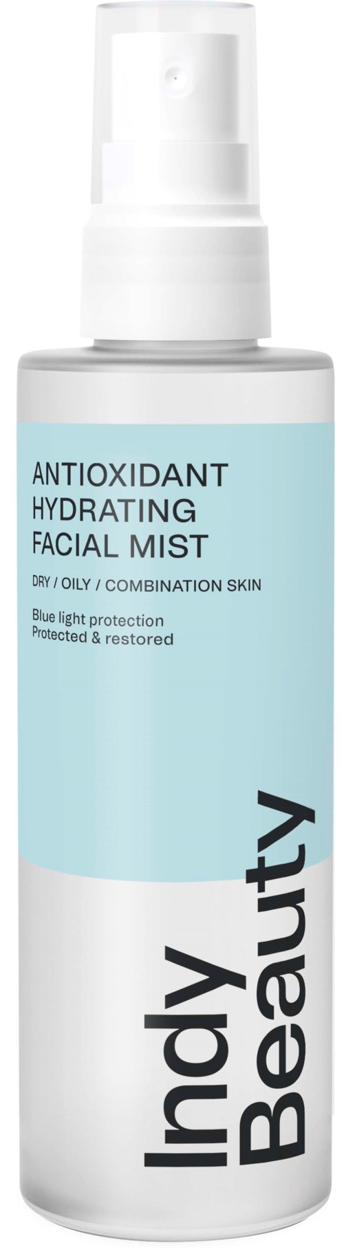 Een witte spuitfles met 'Indy Beauty' label, met een lichtblauwe sectie, die een antioxidanten hydraterende gezichtsnevel voor vette huid beschrijft.