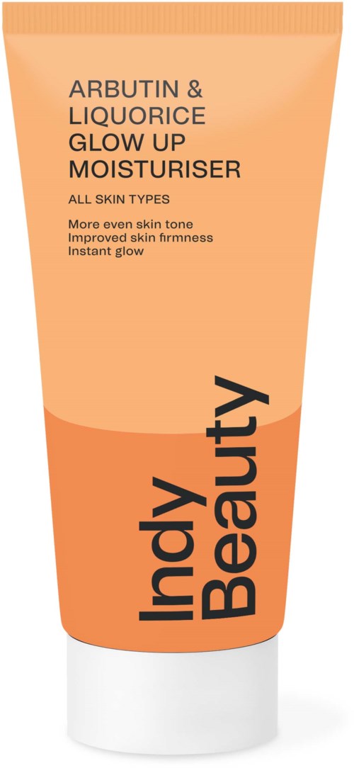 An orange tube of moisturizer with black and white text, promoting glow and skin improvement for all skin types.