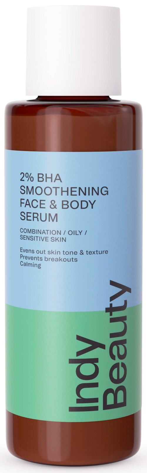 En brun flaska med vit topp, ljusblå etikett och grön och svart text för Indy Beauty serum.