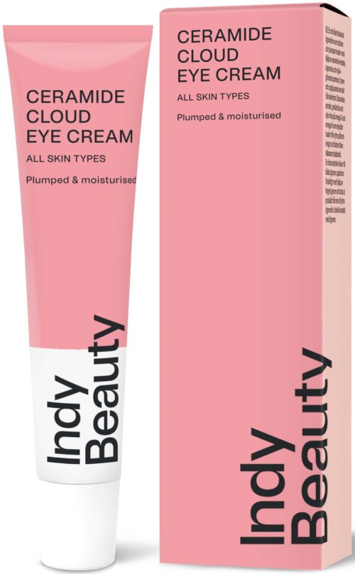 A pink tube and box of Ceramide Cloud Eye Cream for all skin types, moisturizing and plumped.
