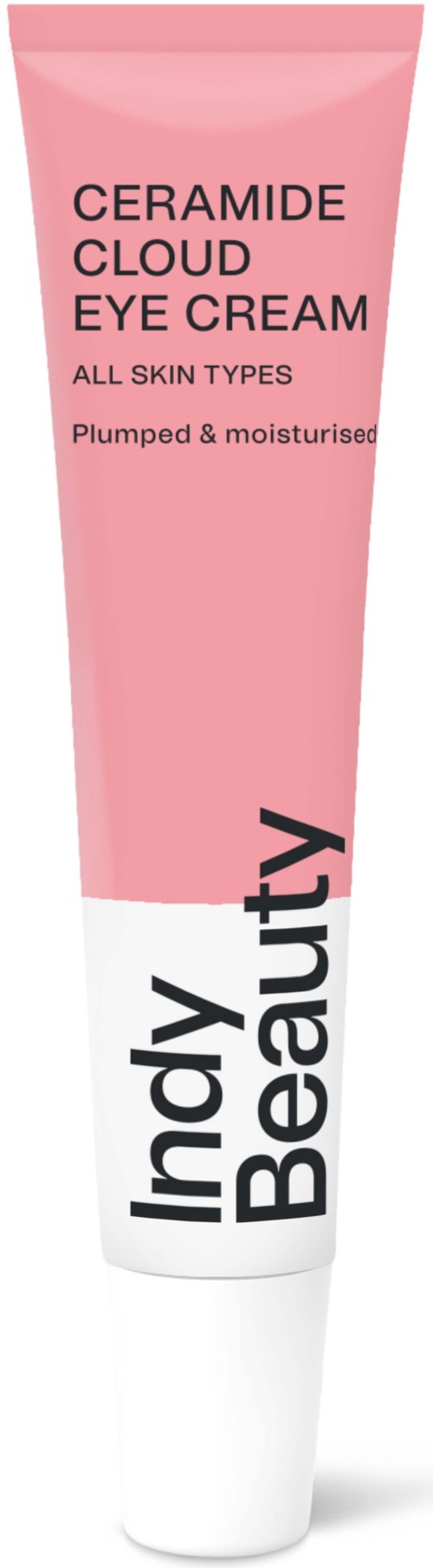 Pink tube of eyes cream, under brand name Indy Beauty, for all skin types. Helps moisturize and plump.